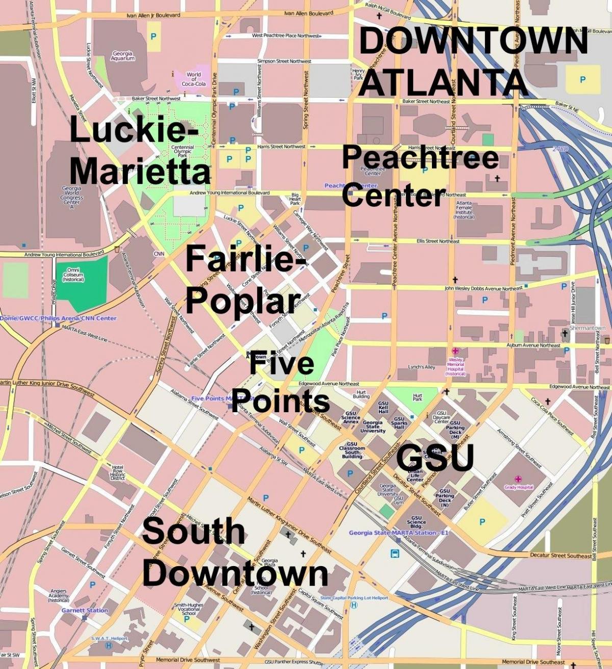 kaart van die middestad van Atlanta